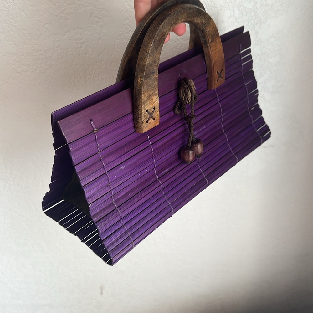 Purple wooden collapsible carved bamboo handbag